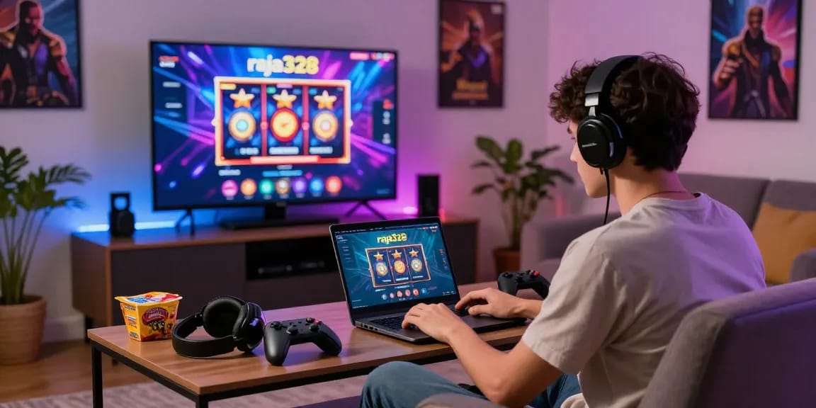 Engaging online gaming environment showcasing a user accessing the raja328 link, complete with gaming gadgets and vibrant decor.