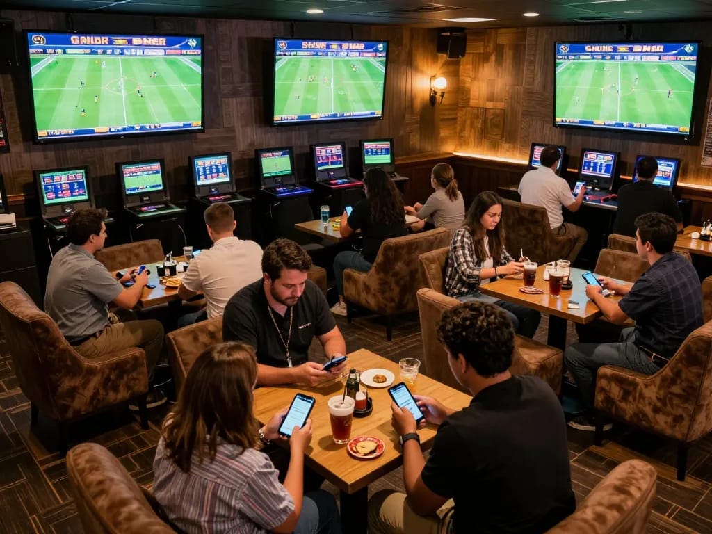 Bongdalu users engaged in live sports betting, surrounded by screens displaying exciting matches and betting options