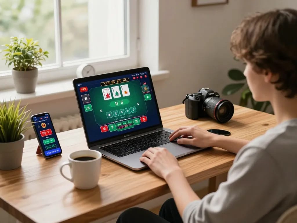 Engaging in a live dealer blackjack game on laptop, representing modern gambling at 90phut.