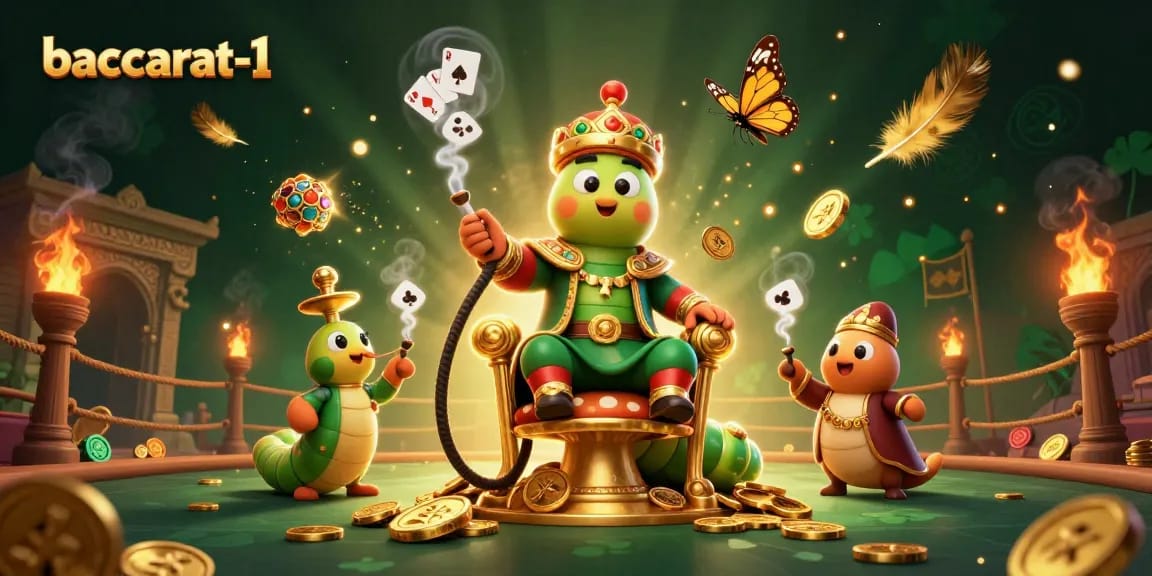 baccarat-1 showcases a thrilling 3D illustration of an immense caterpillar in a sultan outfit at a casino throne.
