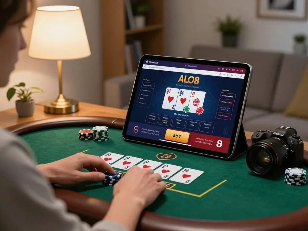 Person playing ALO8 poker game on tablet in cozy living room, showcasing responsible gaming.