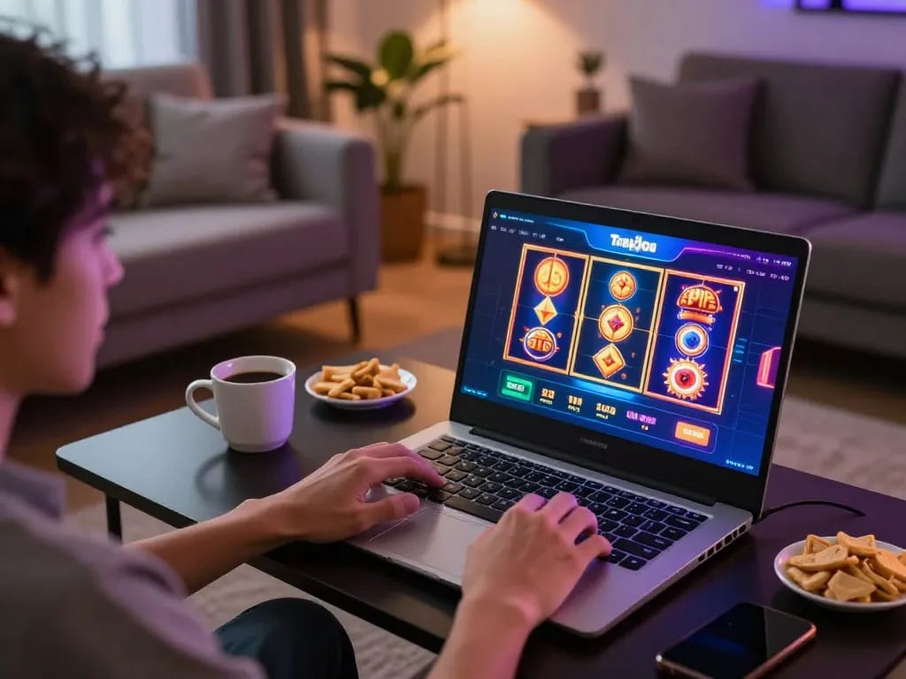 Engaging with Trang Chủ O8 casino platform on a sleek laptop in a cozy home setup