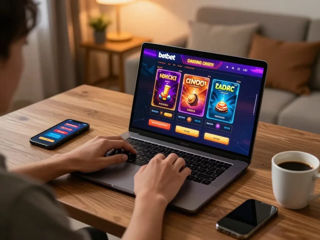 Engaged player enjoying betbet online gaming on laptop with colorful casino interface.