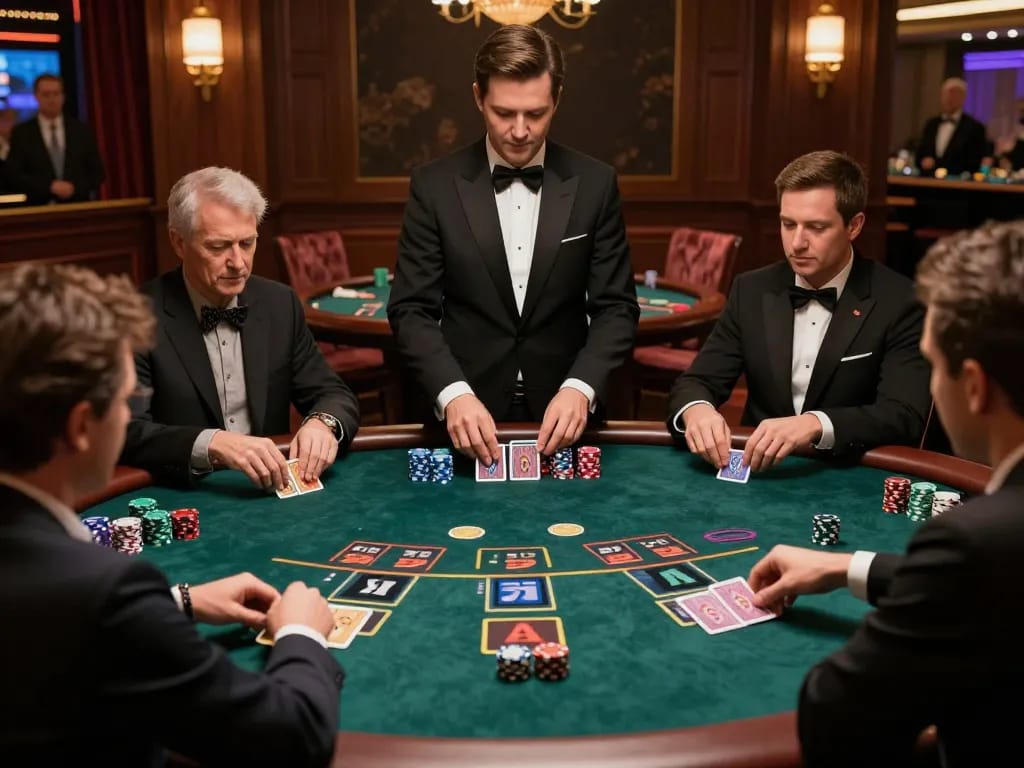 Experience the excitement of blackjack at 555win, featuring elegant dealers and engaged players.