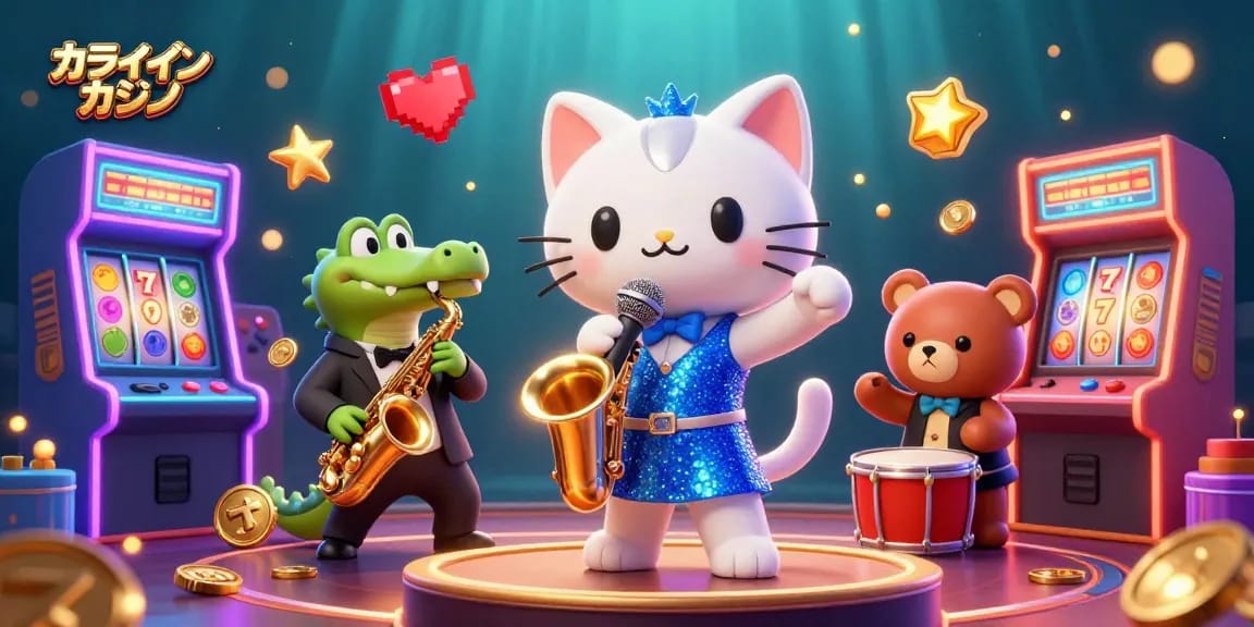 オンラインカジノでドラムを叩くクマの幼獣とサックスを演奏するワニのバンドを楽しむシーン