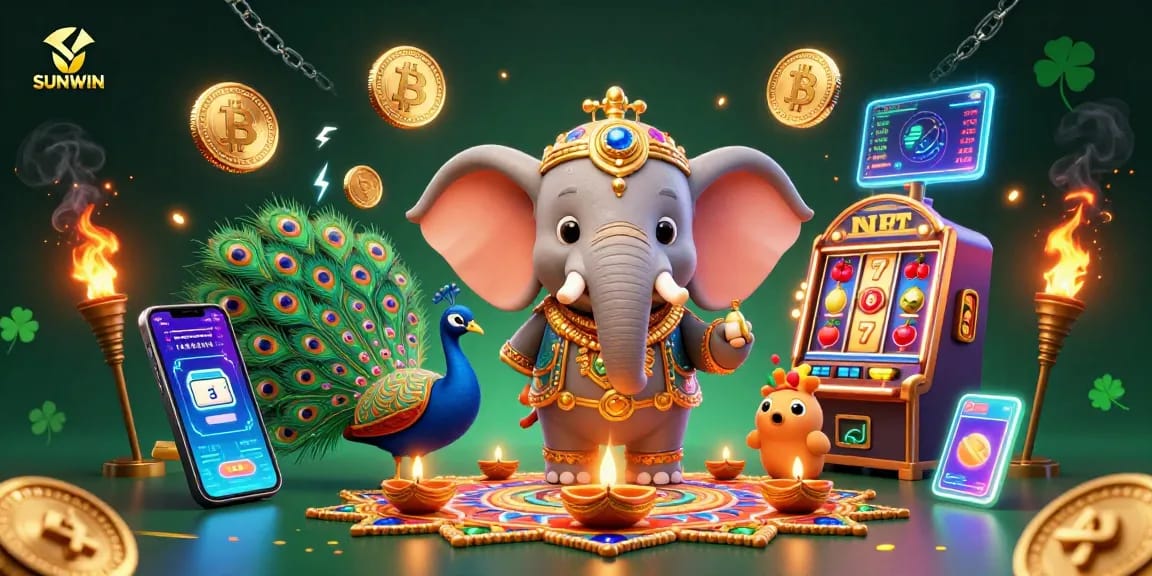 SUNWIN engages players with a vibrant, colorful digital illustration featuring an elephant and peacock at a slot machine.