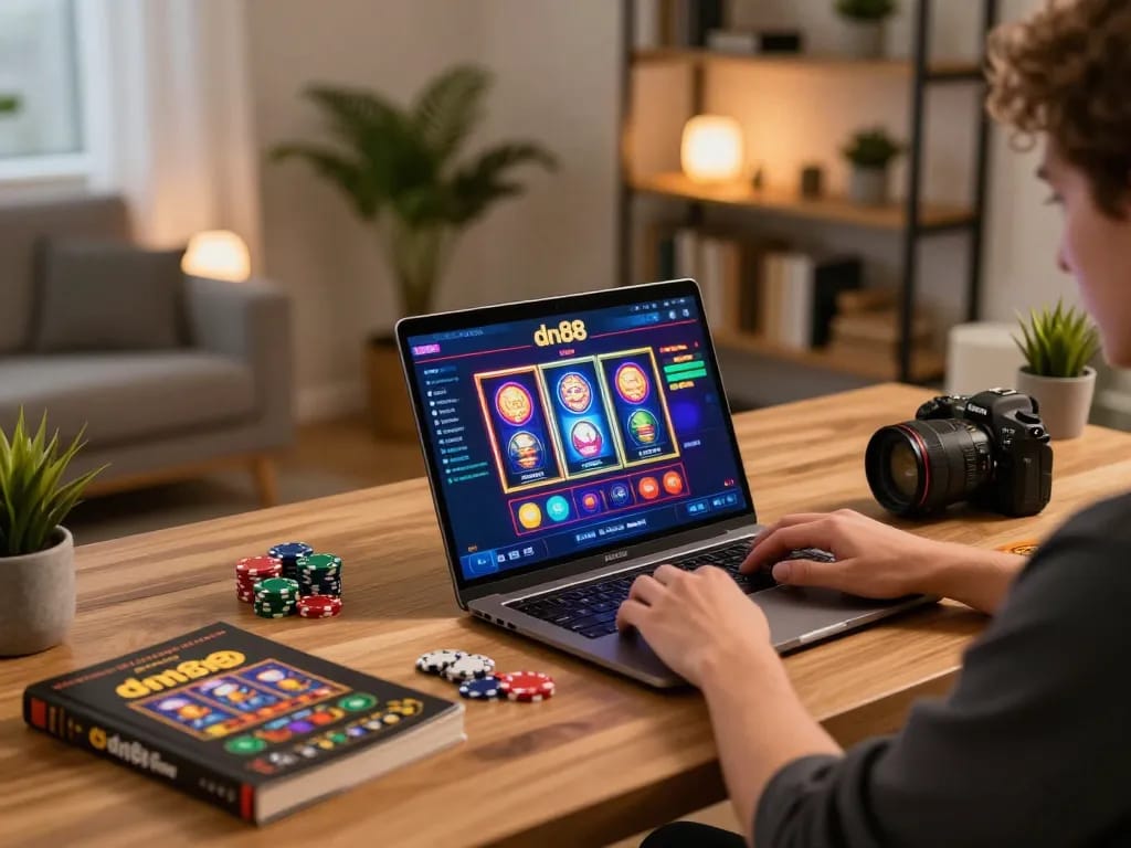 Player engaging with dn88 online casino on laptop, vibrant slot animations visible, cozy home office