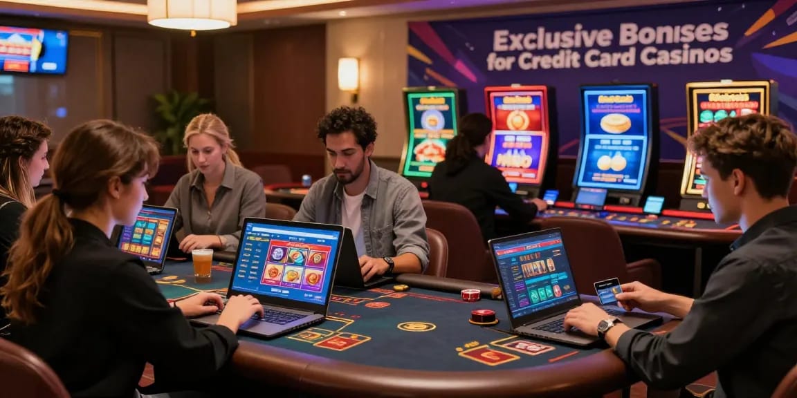Engaged players at credit card casinos at https://brcs.co.uk utilizing laptops and mobiles in a vibrant online atmosphere filled with games and promotions.