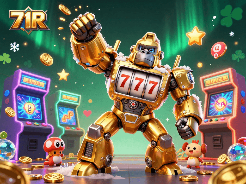 Gorila mecânico dourado de slot machines e elementos de cassino na ilustração de 71R.