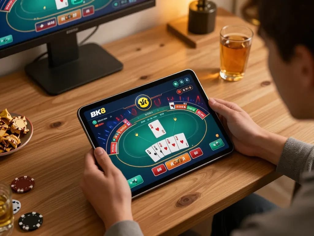 Player placing bets on the BK8 casino app, showcasing a cozy home gaming atmosphere.