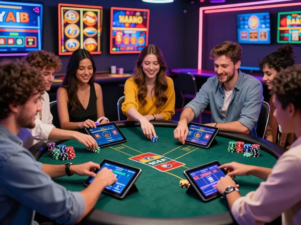 Group enjoying an online gaming experience with MM88, colorful digital elements, and a lively casino atmosphere.