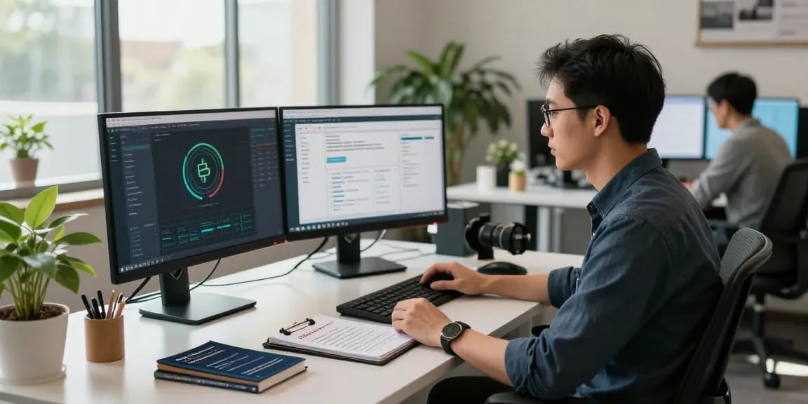 Recover stolen cryptocurrency with a professional in a modern office, using advanced tools and insights.