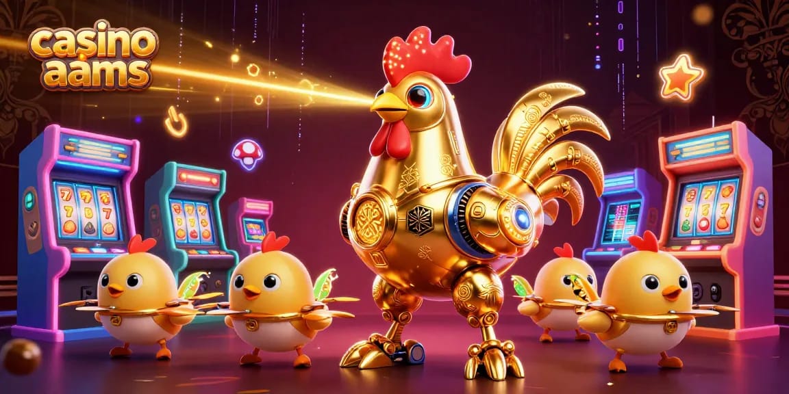Gioca nei casino non AAMS con un robot galletto dorato e droni, tra macchine arcade scintillanti.