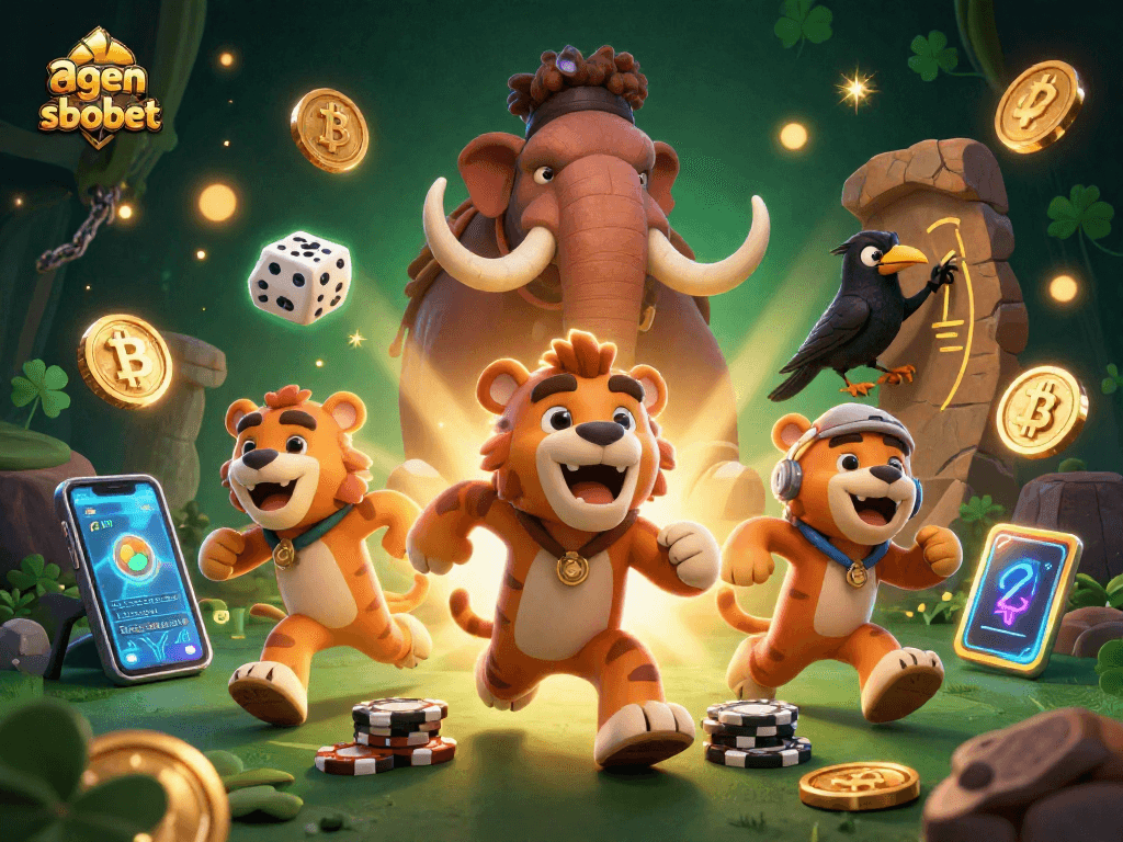 Agen sbobet platform promotes thrilling prehistoric casino adventures with cartoon characters, poker chips, and digital coins.