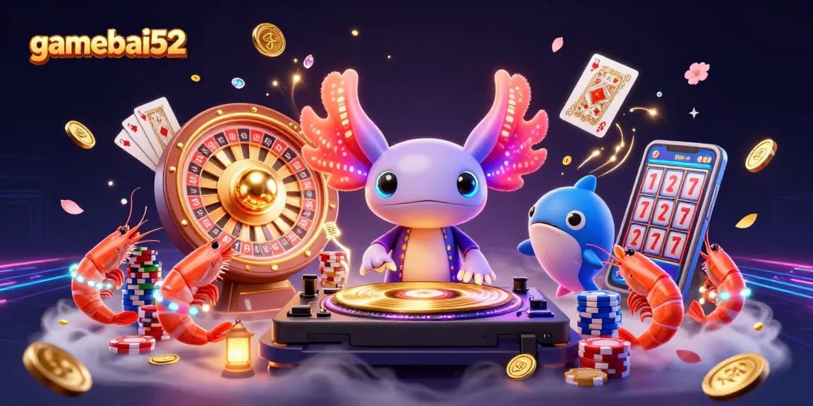 Engage with gamebai52’s electrifying casino scene featuring a vibrant axolotl DJ surrounded by gems and coins.