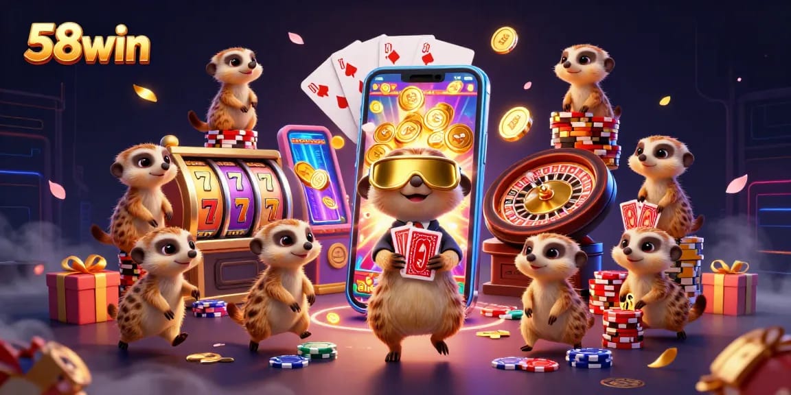 Experience the excitement at 58win with cartoon meerkats managing a lively casino scene.