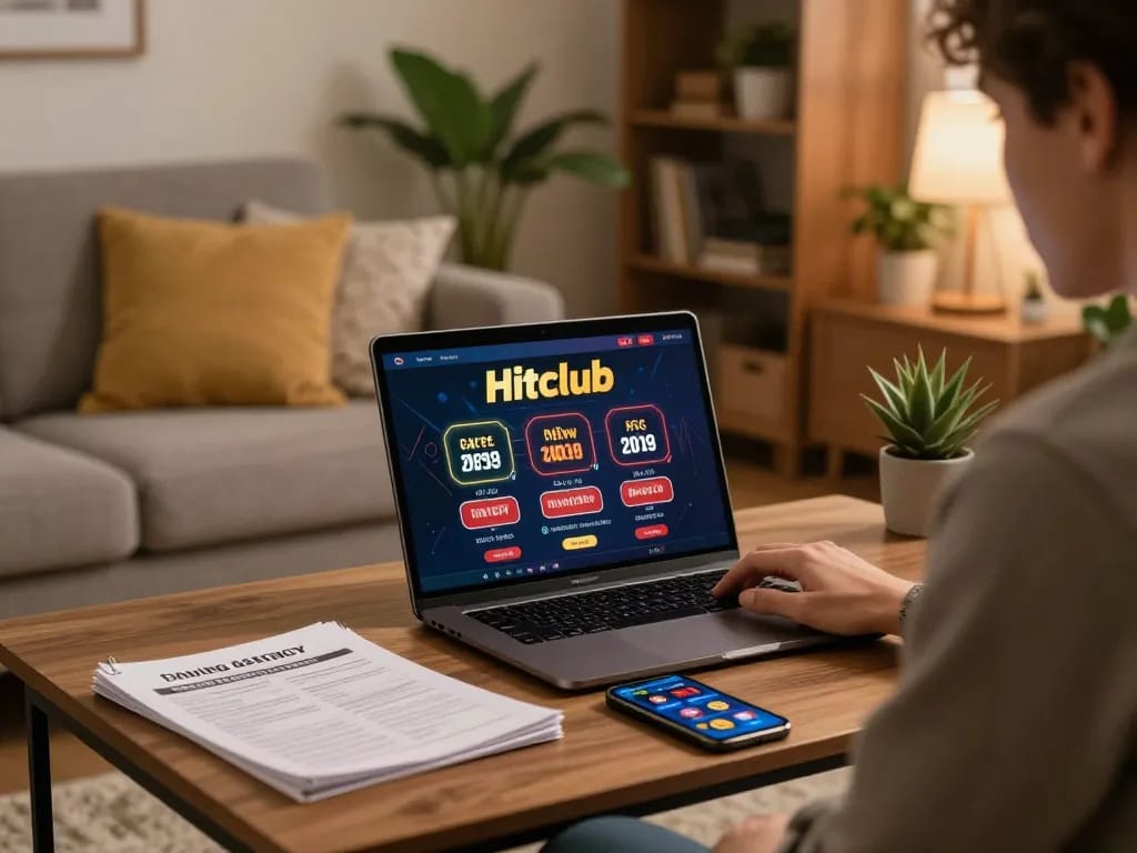 Engaged player exploring Hitclub online casino on laptop in a cozy home environment.
