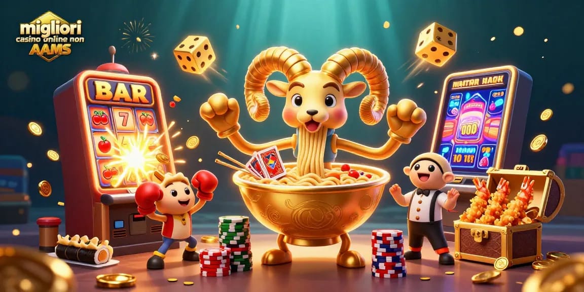 Illustrazione di casinò online con il miglior ramen gigante, simboli di fortuna e dettagli luminosi nei migliori casino online non AAMS.