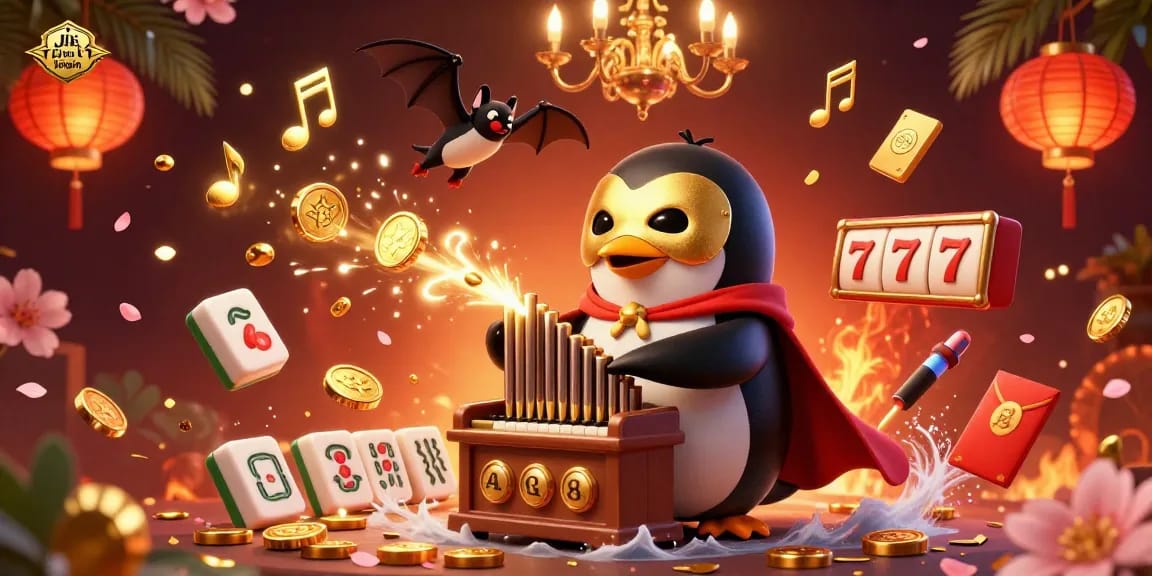 Engage with Jai club login in this vibrant 3D scene featuring a penguin playing an organ amidst golden coins and dynamic slot elements.
