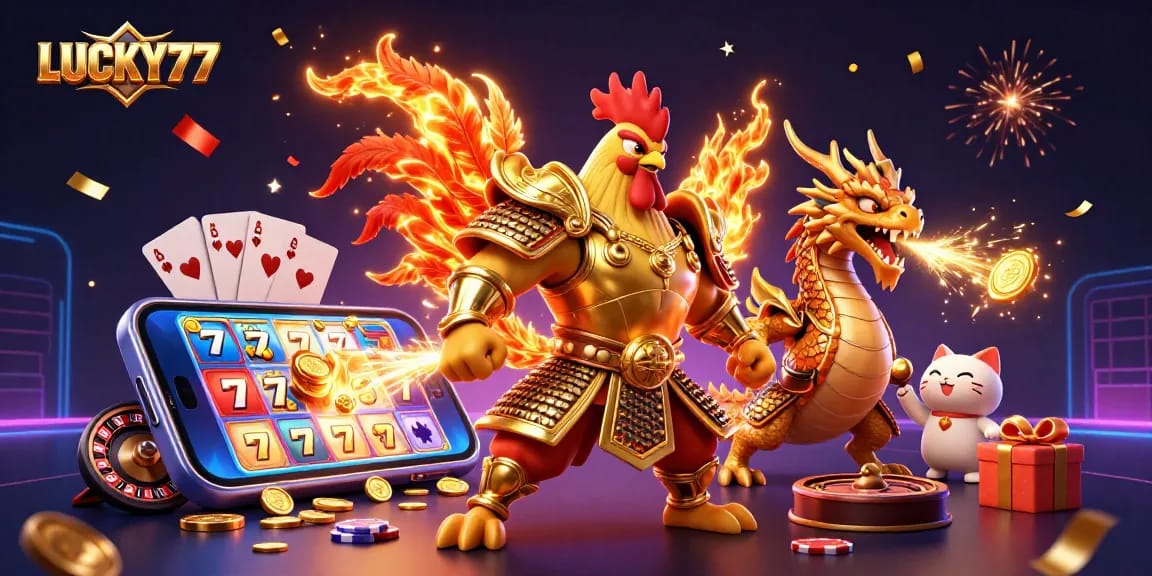 Experience LUCKY77 slot gaming magic with a colorful 3D illustration featuring dynamic casino elements.