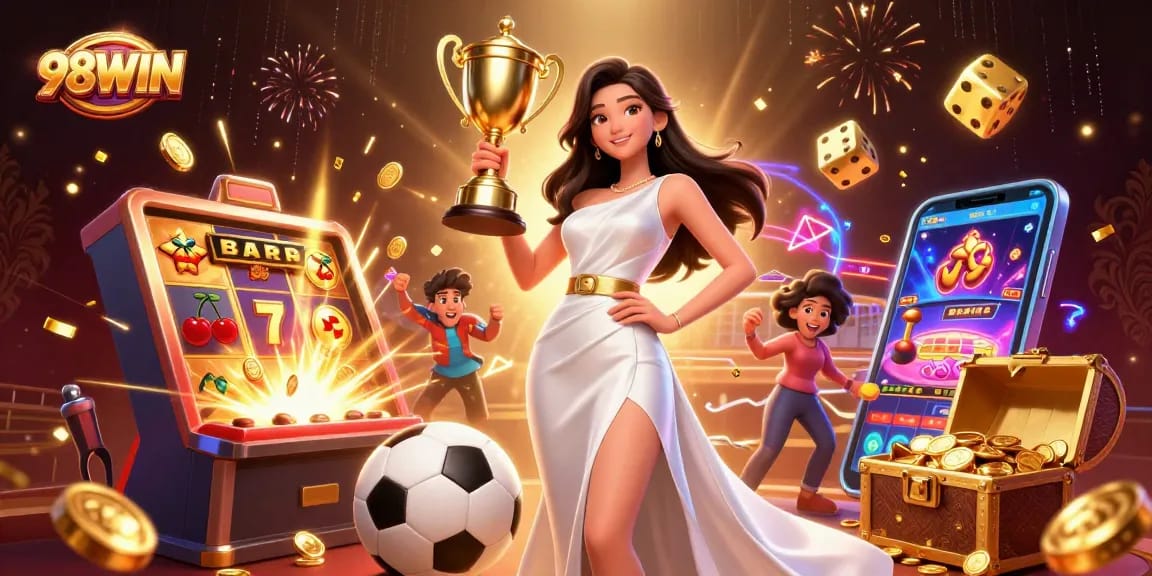 98WIN celebrates winning moments in online gaming with a victorious character and exciting casino elements.