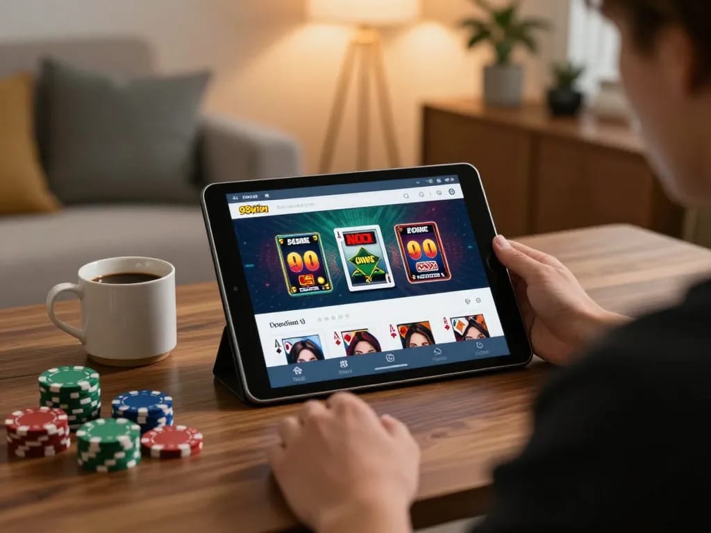 Engaged player accessing 98win9 casino app on tablet in a cozy home setting