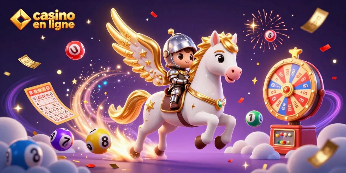 Plongez dans l'univers du casino en ligne avec ce cheval céleste et un chevalier, entourés de ballons loterie colorés.