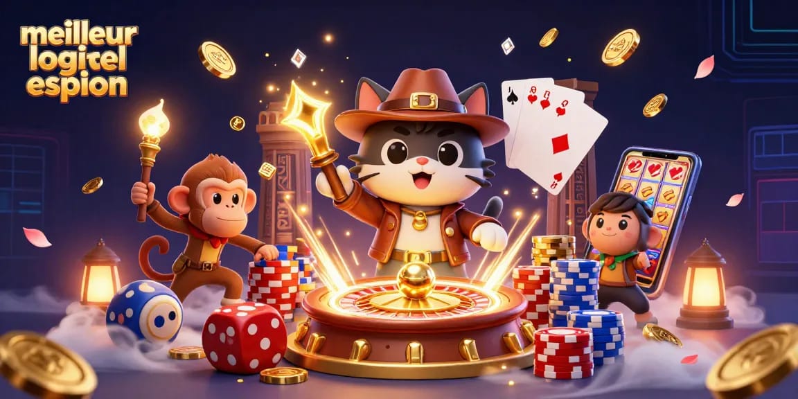 Découvrez le meilleur logiciel espion à travers un explorateur en quête de trésors dans un casino coloré.