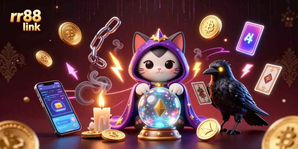 Experience the thrilling rr88 link with a mystical cat and raven in an enchanting casino scene filled with vibrant elements.