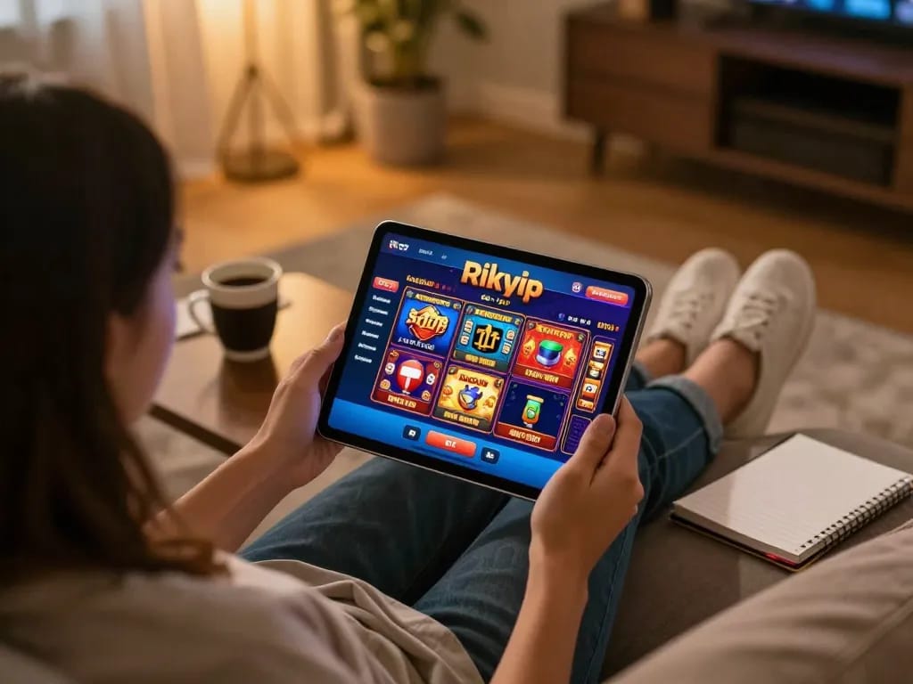 Person engaged with the Rikvip casino app on a tablet, displaying a lively gaming experience at home