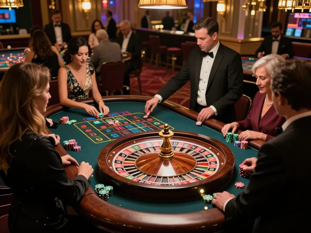 O8 roulette players placing bets in a stylish casino setting