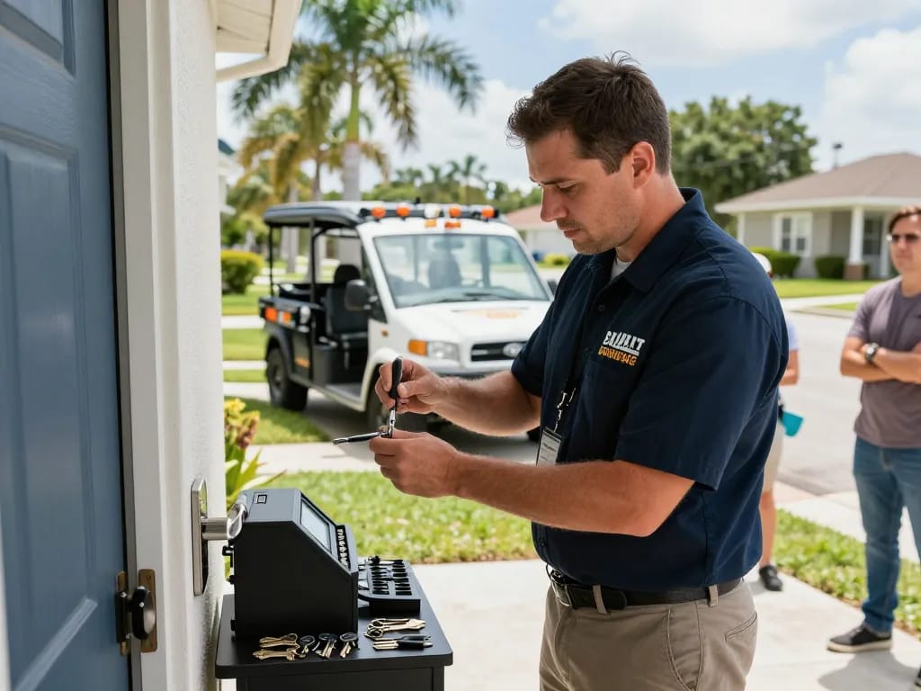 Locksmith Stuart FL providing expert services, focused on door lock repair in a suburban neighborhood.