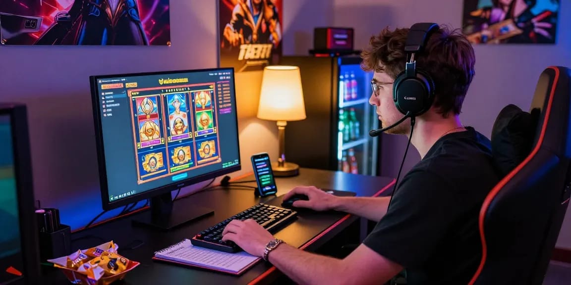 Exciting online gaming atmosphere showcasing a player engaging with https://raja328masuk.com/ using vibrant displays and LED lights.