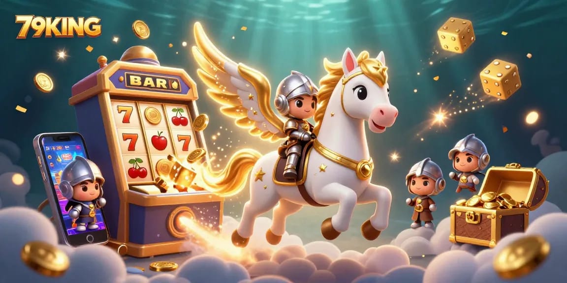 Experience the thrill of 79KING with a 3D fantasy illustration showcasing exciting casino elements.