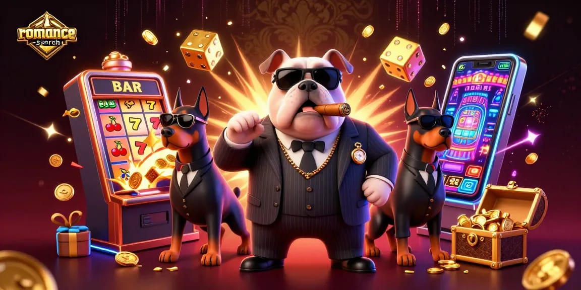 Win big with romance-search: a dynamic scene featuring a mafia boss and Doberman guards amidst exciting casino elements.