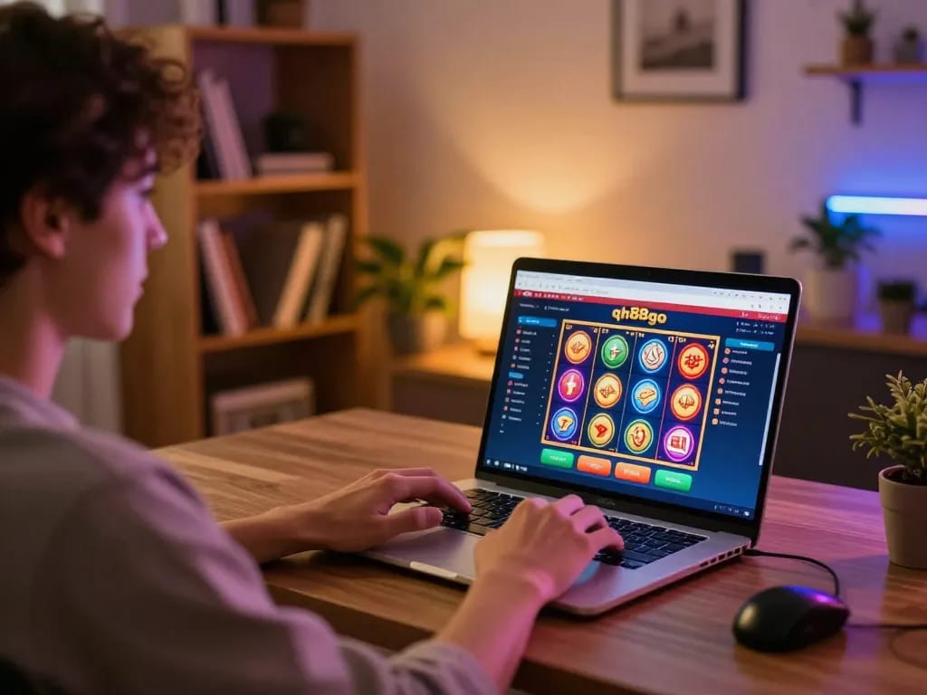 Engaging online gaming experience at qh88go, showing a player enjoying colorful slots on a laptop.