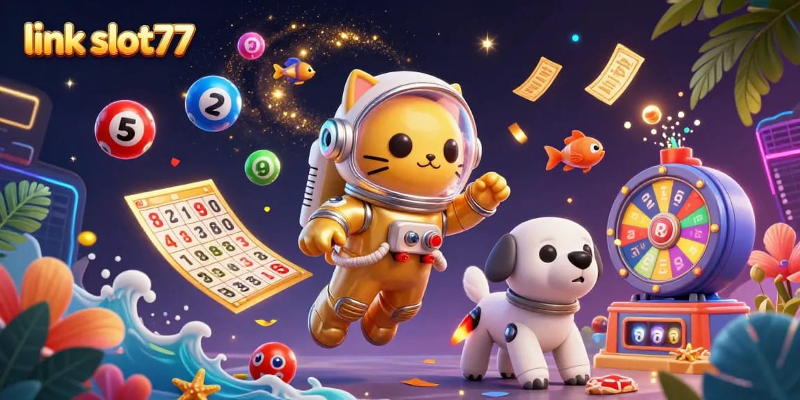 Spin and win with link slot77 in this dynamic 3D casino scene featuring colorful lottery elements and jackpot excitement!