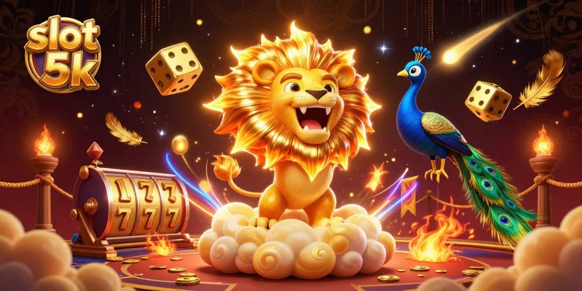 Win big with slot 5k as the golden lion celebrates in a thrilling casino scene.