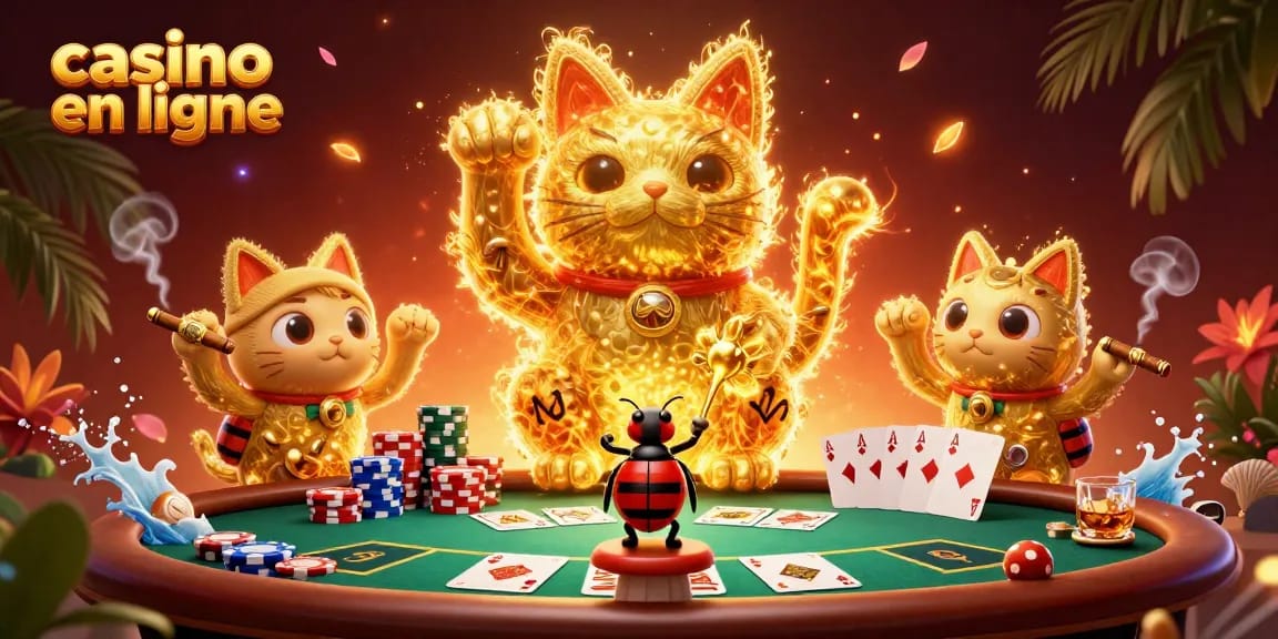 Admirez ce spectacle de casino en ligne avec un chat porte-bonheur et des jetons autour.