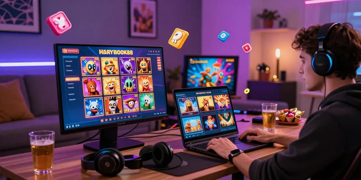 Playbook88 online slots gaming scene with vibrant graphics and player engagement in a cozy home setting.