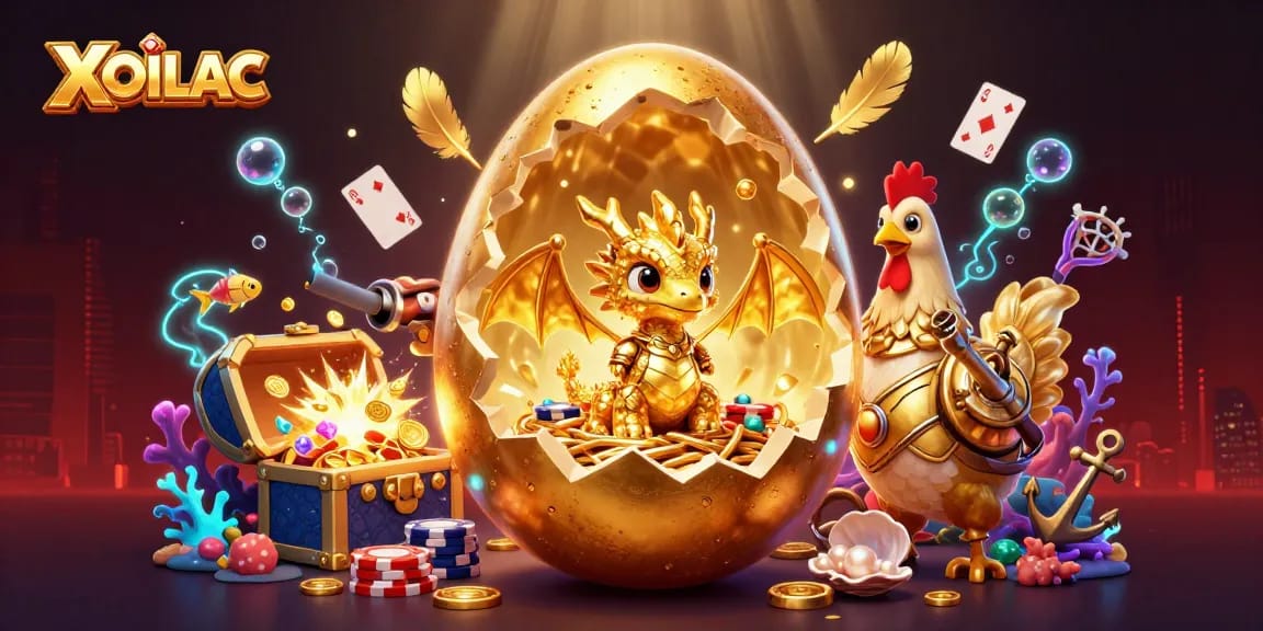 Experience the thrilling crystal treasure of XOILAC with a baby golden dragon amidst poker chips.