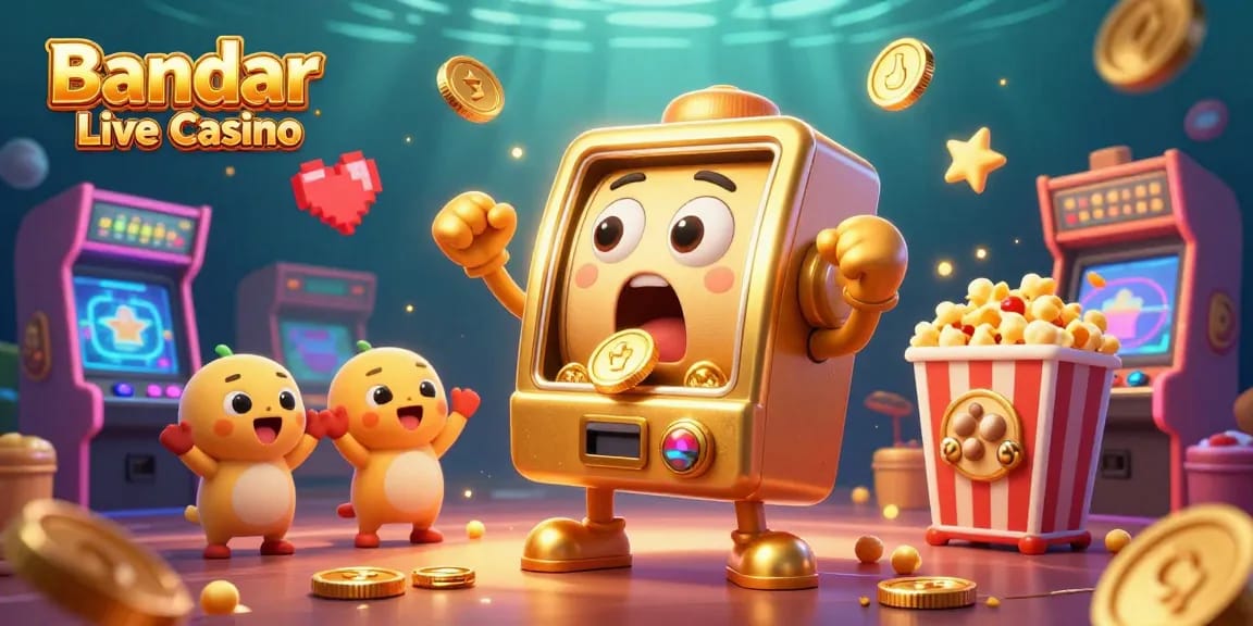 Experience the thrill at Bandar Live Casino with our vibrant 3D illustration depicting a golden slot machine celebrating its jackpot.