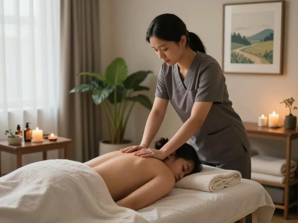 출장안마 therapy session in a serene home setting, featuring a professional massage therapist and client.