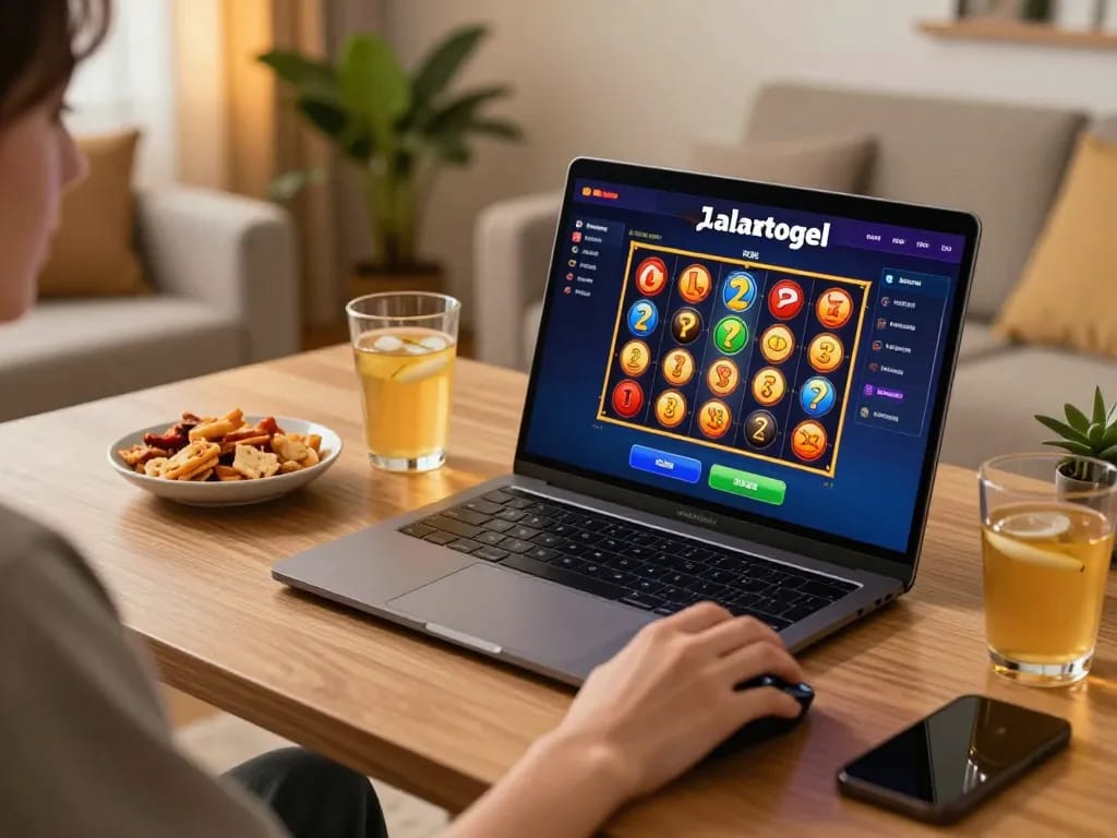 Pemain berinteraksi dengan slot online Jalatogel dalam suasana rumah yang nyaman, menampilkan gaya hidup modern.