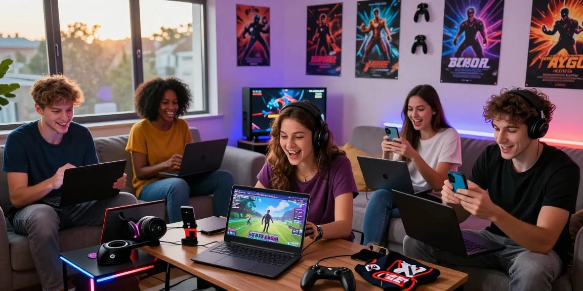Engaged players enjoying popular porngames on various devices in a vibrant gaming room.