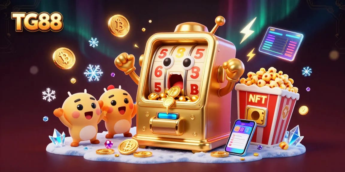 Watch TG88's golden slot machine celebrate a jackpot with coins and cheering companions.