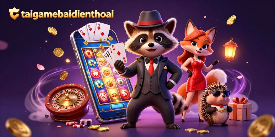 Experience winning with taigamebaidienthoai, featuring a suave raccoon and friends in a vibrant casino scene.