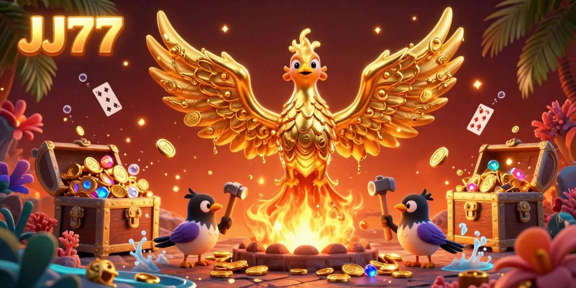 Experience thrilling gaming at JJ77 with a vibrant 3D illustration showcasing energizing casino action.