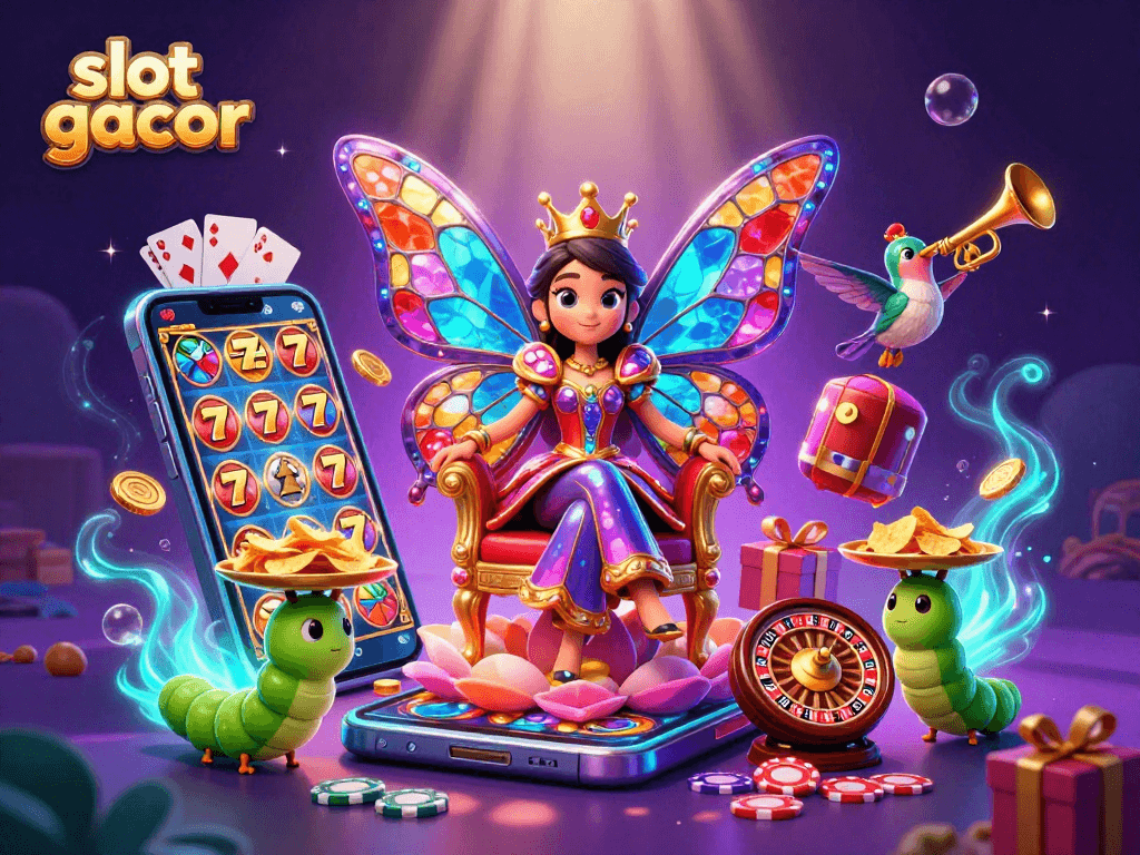 Play slot gacor with vibrant symbols and dynamic gaming elements in a magical casino setting.