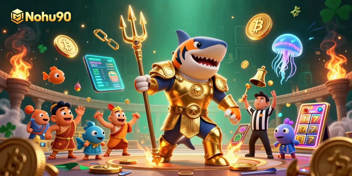 Nohu90 players celebrate jackpots in a vibrant underwater casino scene filled with crypto coins.